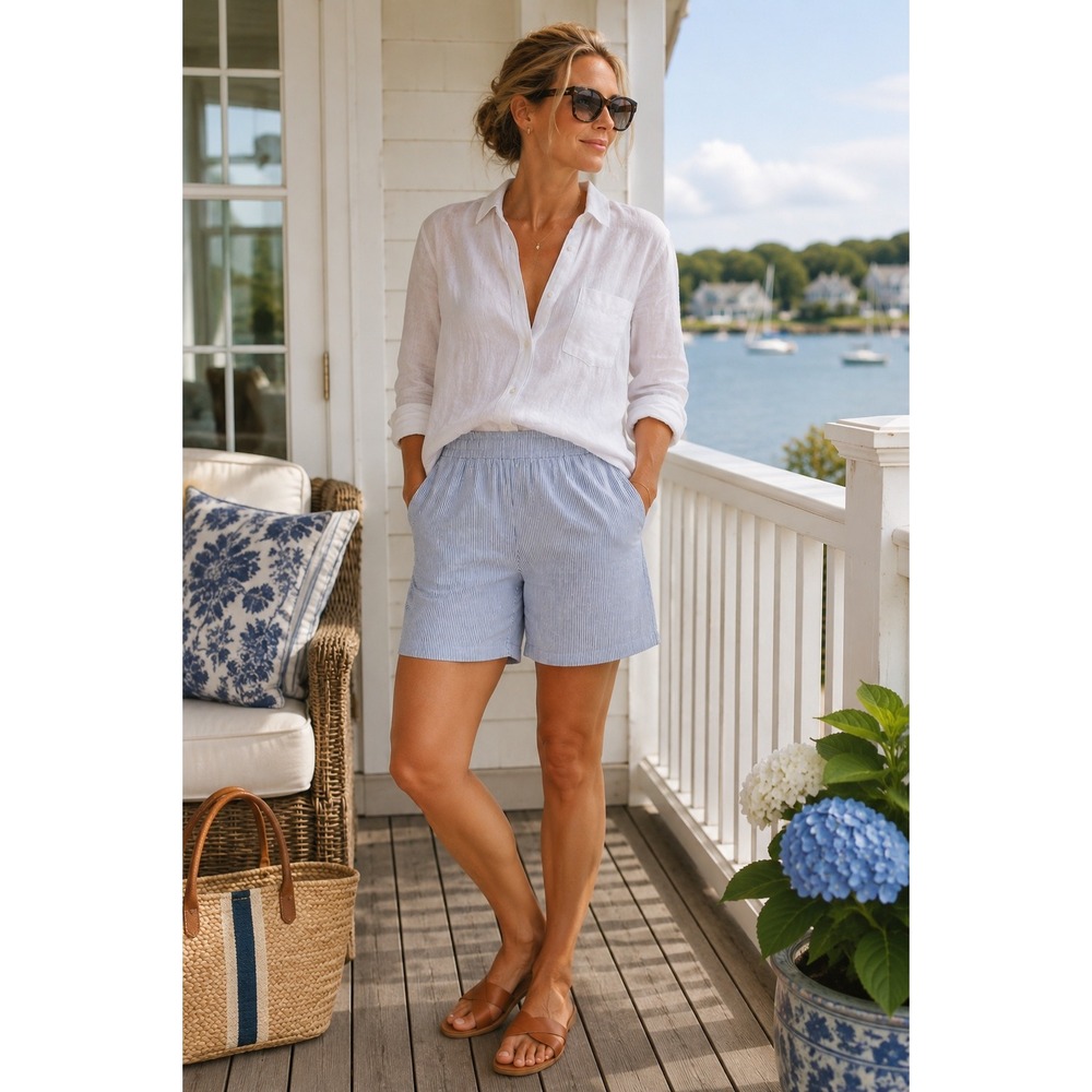 Orvis Linen Look Coastal Stripe Pull On Shorts Nautical Resort L